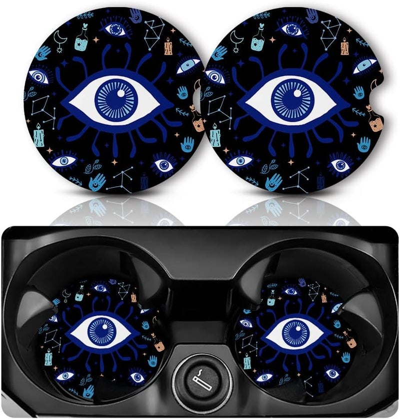 Yonlevres Car Coasters for Cup Holders，2.75" Anti Slip Rubber Mat with A Finger Notch, 2 Pack Car Cup Holder Coasters for Car Interior Accessories for Women Men Evil Eye - Image 1